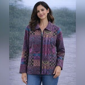 Bedford Fair Women’s Zip Front Jacket Purple Multicolor Tapestry Print Size M